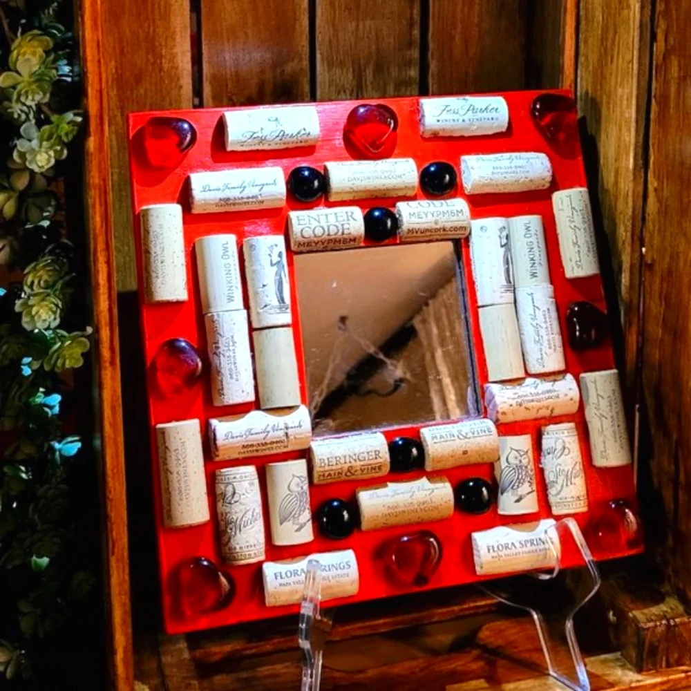 Red Heart and Red Glass Cabochons Mirror Decor with Wine Cork-NWT-Handmade